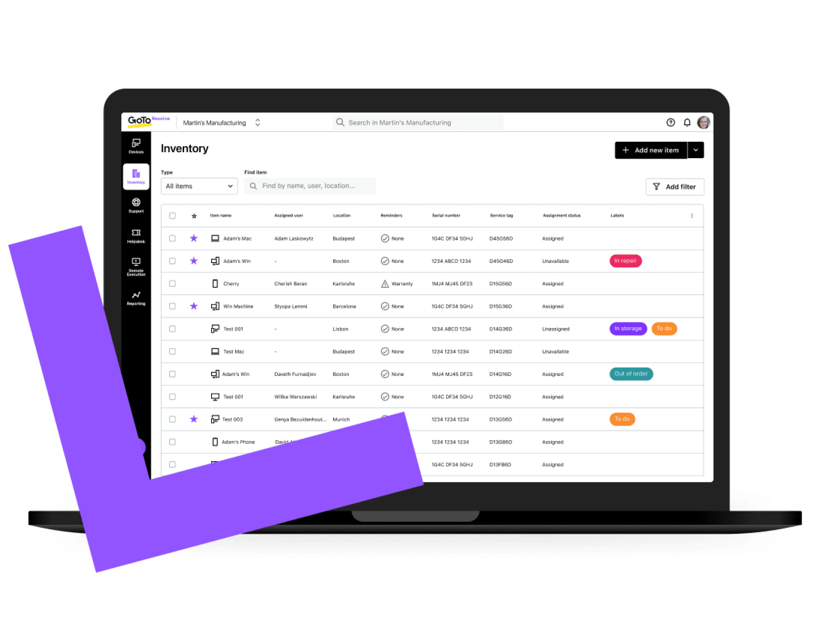 Laptop screen displaying Resolve with device inventory support for every platform.