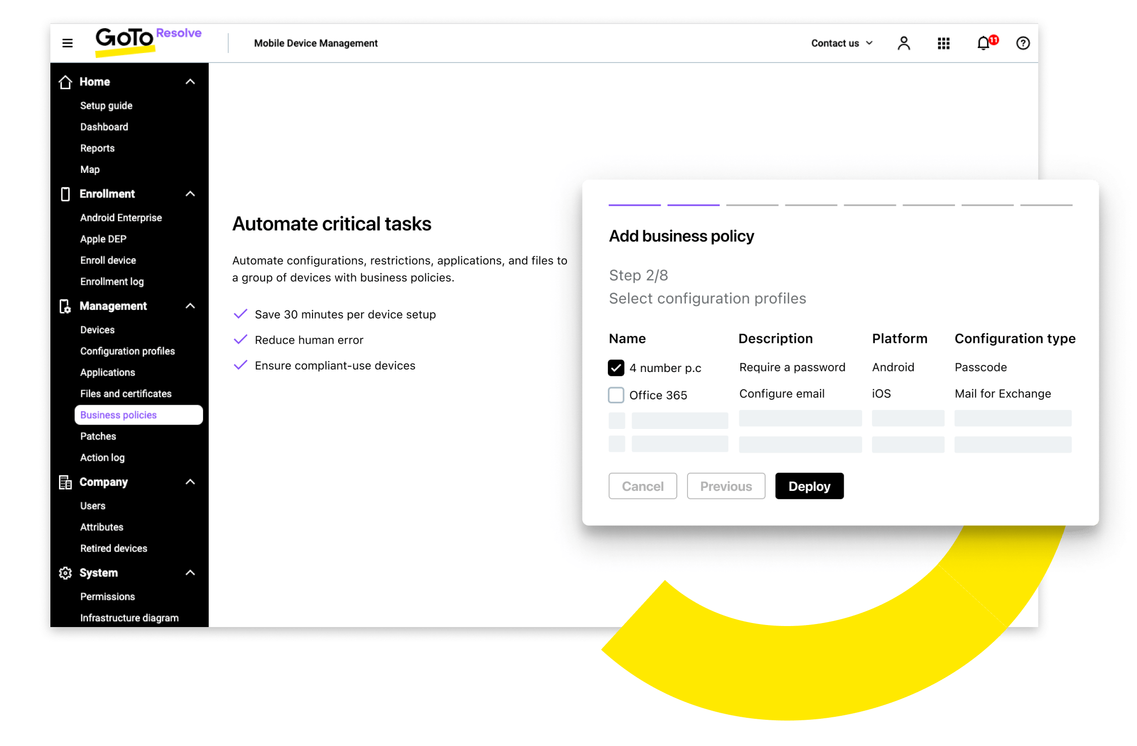 Desktop view of screen to automate critical tasks and an example of adding a business policy.