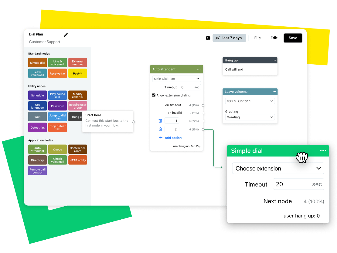 Interface showing GoTo Connect's easy-to-use, drag-and-drop dial plan editor.