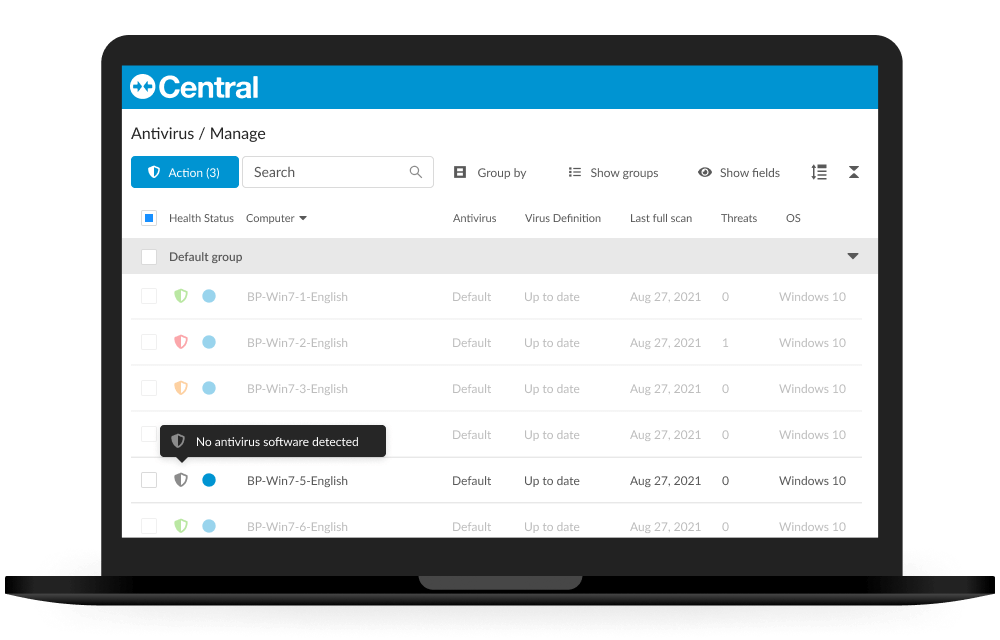 Central product interface on laptop computer showcasing dashboard for managing antivirus software across devices