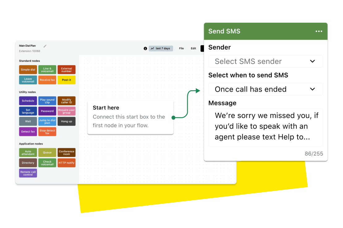 Screen showing the drag and drop dial plan editor for GoTo Connect with the new SMS message node.